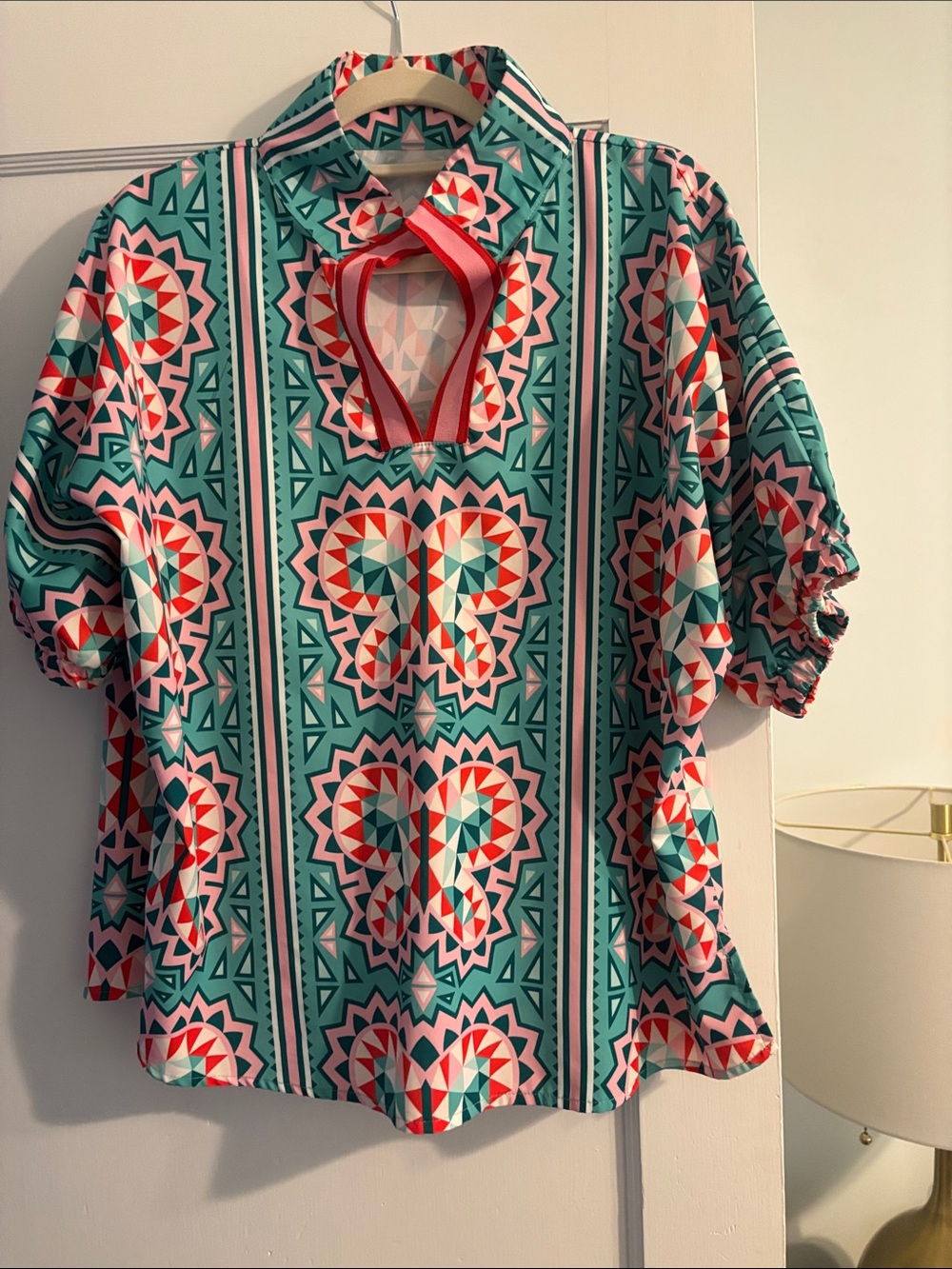 Geometric Teal & Coral Keyhole Tunic